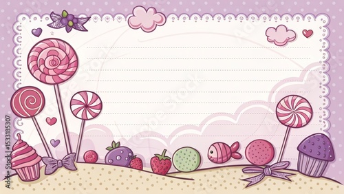 Cartoon candy and lollipop border, pink and purple.