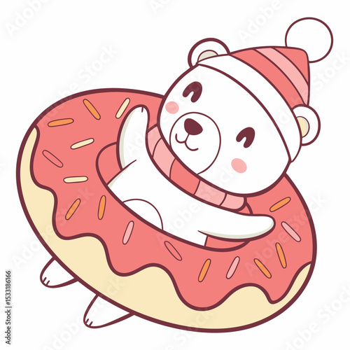 Whimsical Polar bear feeling Cheerful in a Christmas setting with inside a donut float – colored in Warm Cozy