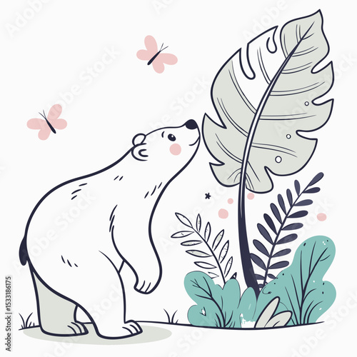 Playful Curious Polar bear design, styled with with a giant leaf and Spring Garden shades in a Spring garden setting