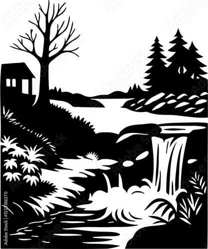 waterfall landscape vector illustration, isolated on white