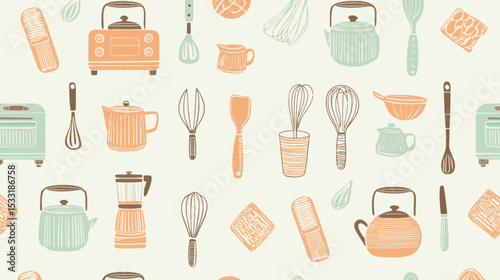 Seamless vector background of retro kitchen utensils and cookware in pastel colors for culinary projects.