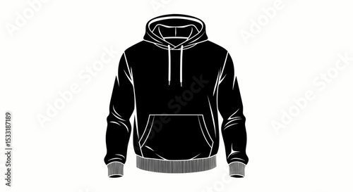 A plain black hooded sweatshirt design. It features long ribbed sleeves, a kangaroo pocket, and drawstrings, all with crisp, defined edges, suitable for use in vectors.