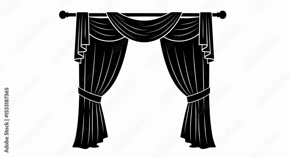 This high-quality vector illustration features a solid black silhouette of long curtains, draped open and tied back with sashes from a rod, all with fine details.