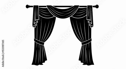 This high-quality vector illustration features a solid black silhouette of long curtains, draped open and tied back with sashes from a rod, all with fine details.