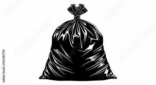 This high-quality vector illustration features a solid black silhouette of a full, tied red plastic garbage bag with bulging folds and glossy highlights, all with clear, defined edges.