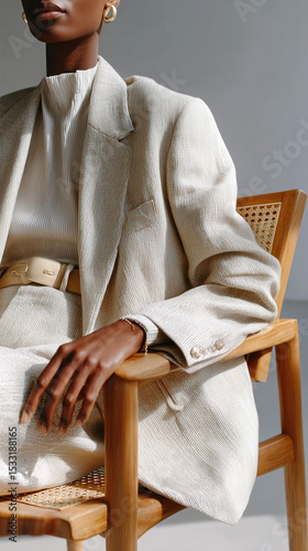 Professional businesswoman lounging comfortably in wooden chair, wearing oversized blazer with refined designer accessories