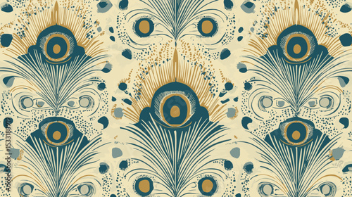 Seamless vector pattern with dark luxurious background featuring stylized golden peacock feather design
