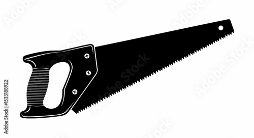 This high-quality vector illustration features a solid black handsaw silhouette. It highlights a toothed blade and a textured, open-grip handle, all with fine details on a white background.