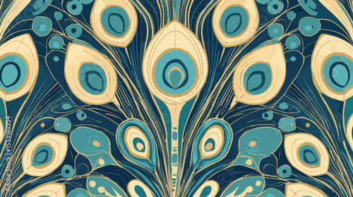 Seamless vector pattern with dark luxurious background featuring stylized golden peacock feather design