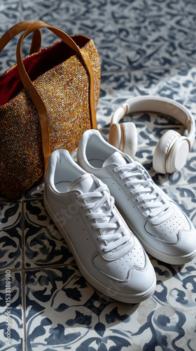 Pair of white sneakers, headphones and handbag illuminated by sunlight on a patterned tiled floor, composing a stylish and modern flat lay