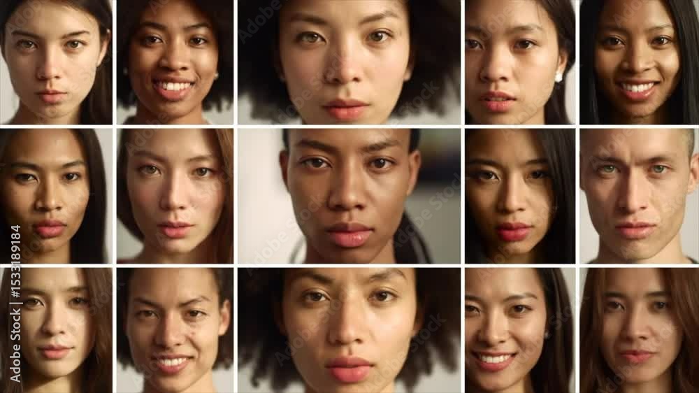 Faces of young adults from various ethnic backgrounds are captured in close-up shots with natural expressions