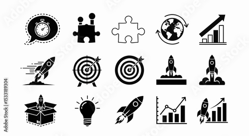 This high-quality vector image features nine distinct black silhouette icons in a 3x3 grid: stopwatch, puzzle piece, globe, rocket ships, target, light bulb, and bar graph.