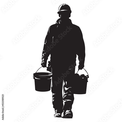 Construction Worker Walking with Tools boxes in Black and White Silhouette Style silhouette