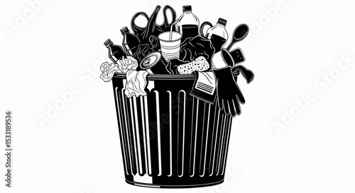 This high-quality vector illustration features a solid black silhouette of an overflowing, ribbed metal trash can filled with various discarded items, all with fine details on a white background.