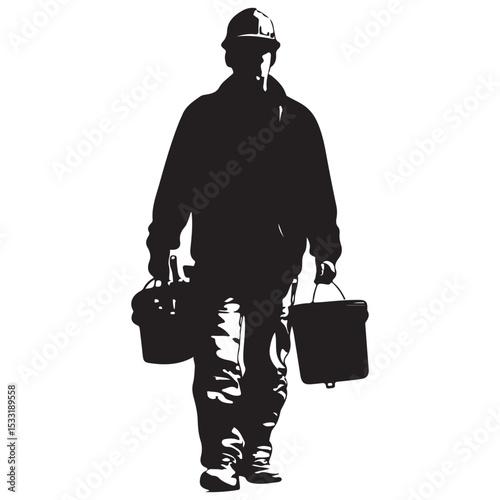 Construction Worker Walking with Tools boxes in Black and White Silhouette Style silhouette