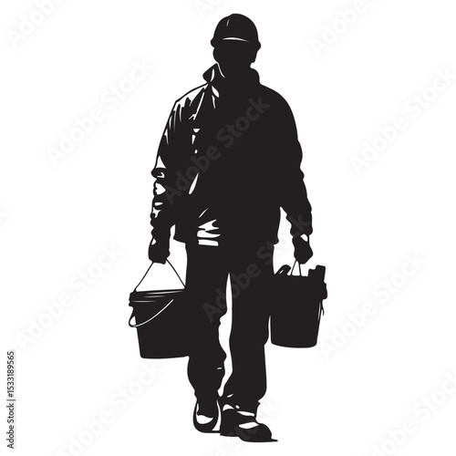Construction Worker Walking with Tools boxes in Black and White Silhouette Style silhouette