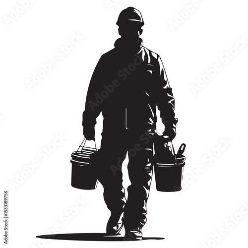 Construction Worker Walking with Tools boxes in Black and White Silhouette Style silhouette