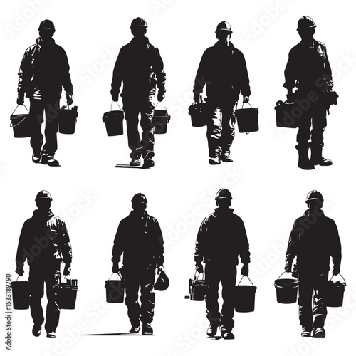 Construction Worker Walking with Tools boxes in Black and White Silhouette Style silhouette