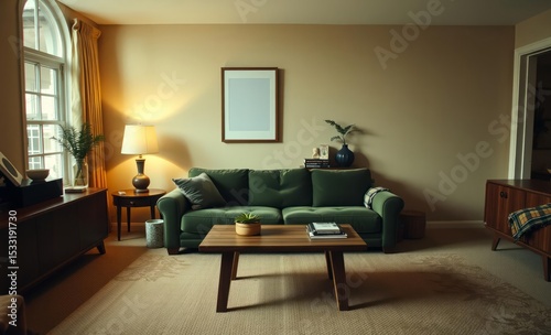 Wallpaper Mural A warm and cozy living room adorned with a mock-up poster frame a plush green sofa a sturdy wooden coffee table a neutral beige wall a stylish sideboard a beige carpet and a touch of plaid and  Torontodigital.ca