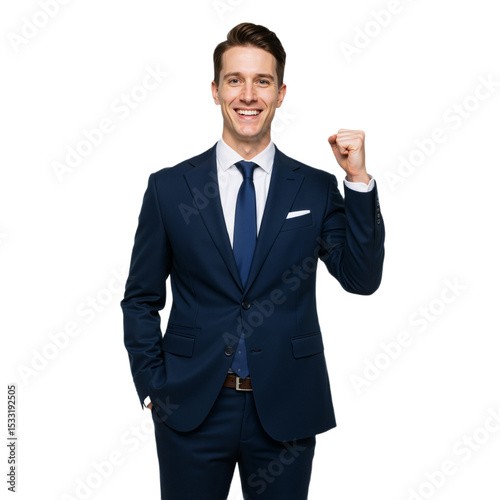 Motivated Professional in Navy Suit with Fist Raised, Smiling Against White Background