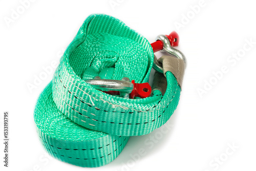 Car towing stop with metal shackles included. Car recovery kit with bow-shaped bracket and towing strap.  Copy space