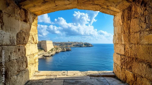 Scenic Ocean View through Ancient Stone Archway Window on Mediterranean Coastline