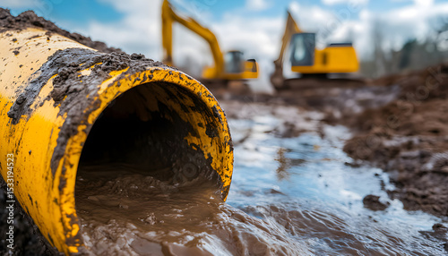 Yellow pipe discharges muddy water into puddle. Construction machinery operates in background under clear blue sky. Dirtied water outflow from