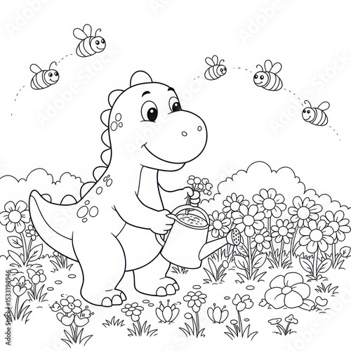 Cartoon dinosaur watering flowers with bees flying around  