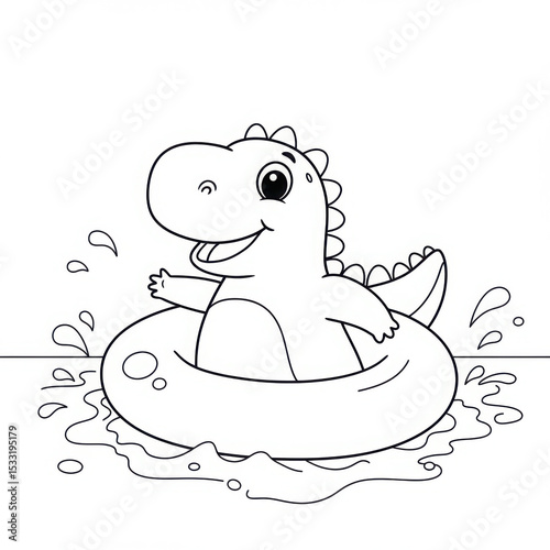 Cartoon dinosaur swimming happily in inflatable ring splashing water  