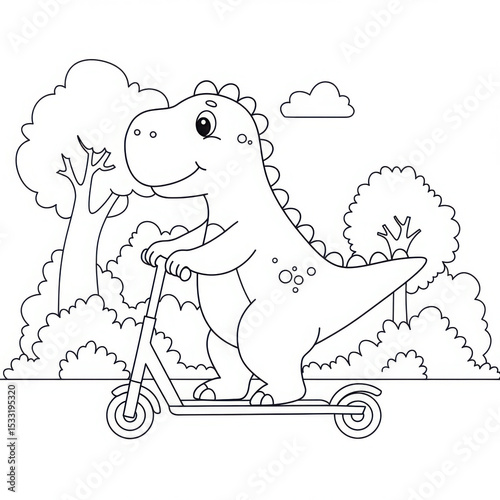 Cartoon dinosaur riding scooter in nature coloring page  