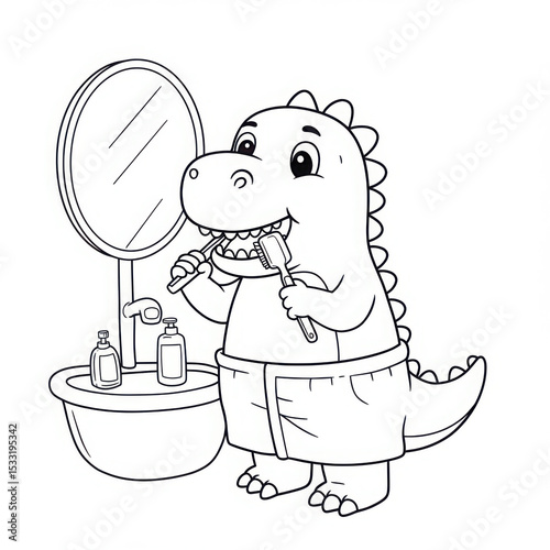 Cartoon dinosaur brushing teeth in bathroom with mirror  
