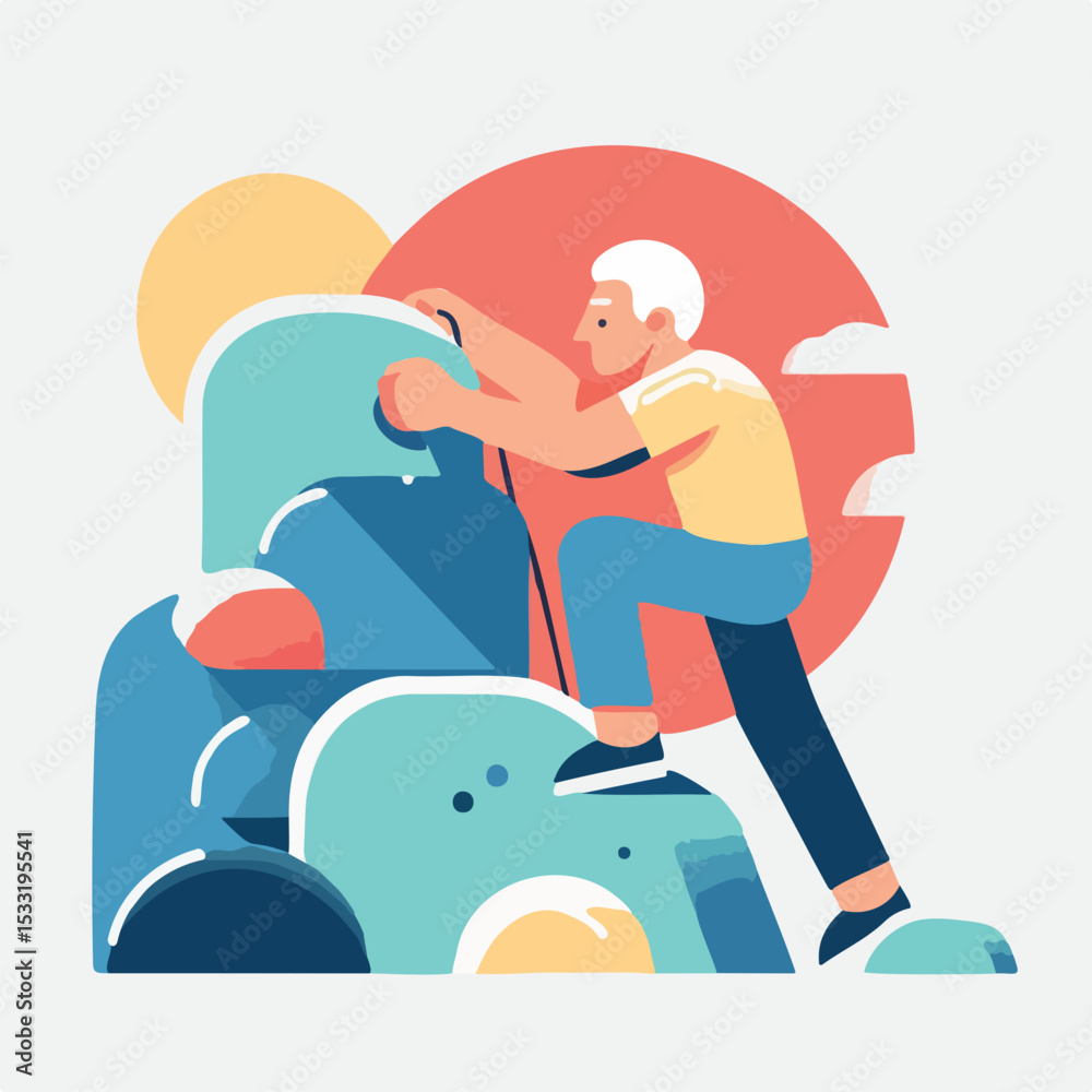 Fototapeta premium Senior man climbing abstract rocks against a sunset background 