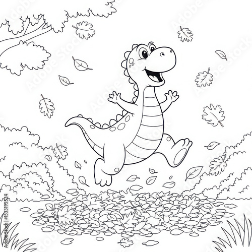 Cartoon dinosaur jumping in autumn leaves among trees for coloring page  