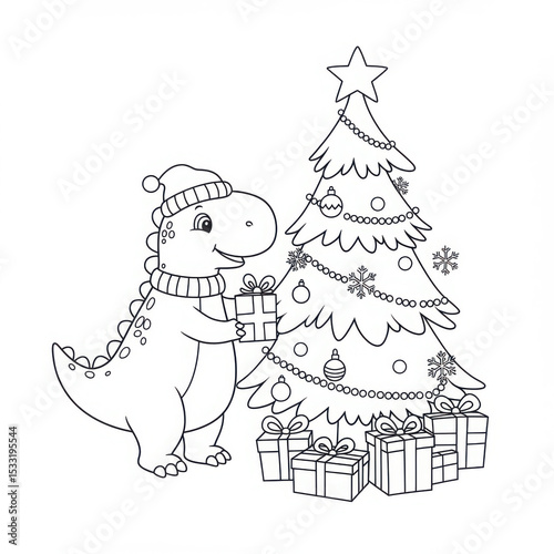 Coloring page of dinosaur holding gift by Christmas tree  