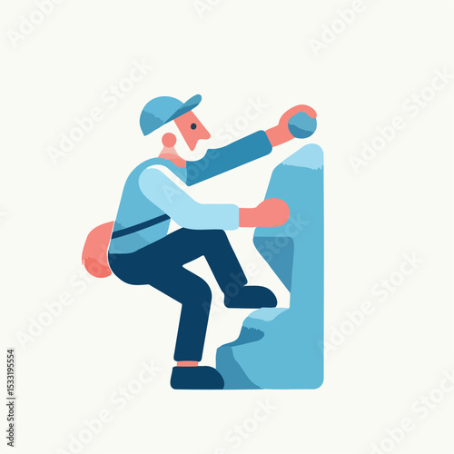 Senior man climbing steep rock while reaching for a handhold  