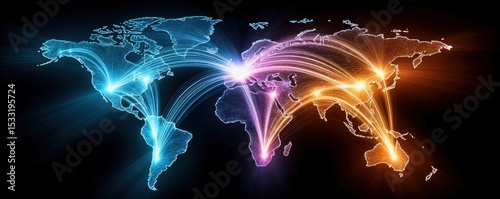 Trade concepts change the economy. A glowing digital world map with interconnected light beams representing global communication and data exchange across continents.