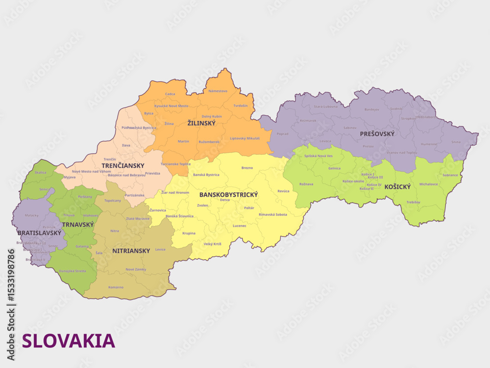 Obraz premium Map of Slovakia Showing Regions