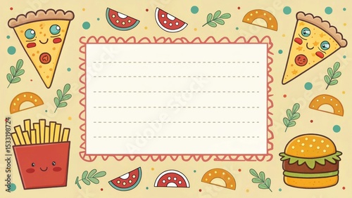 Cartoon pizza, burger, fries pattern frame, fun style.