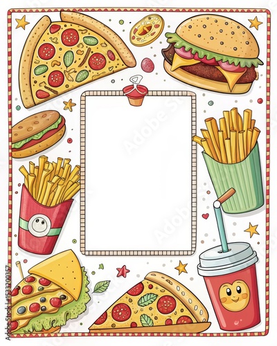 Cartoon pizza, burger, fries pattern frame, fun style.