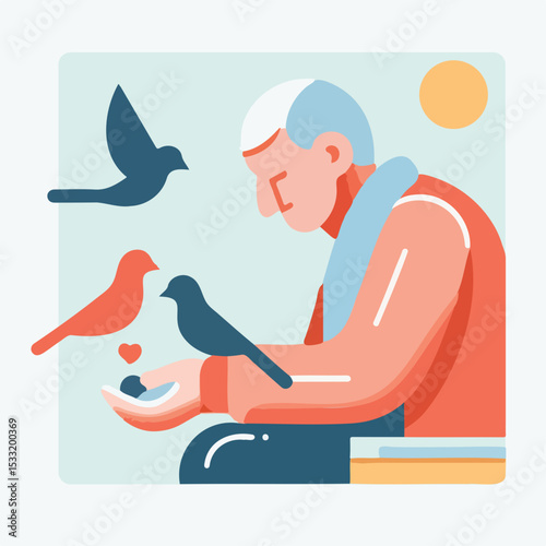 Elderly man feeding birds with warm smile in sunny outdoor setting  