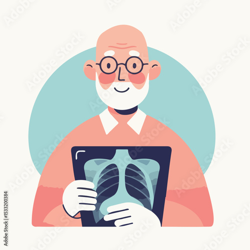 Elderly man smiling while holding an x-ray of lungs in a medical setting  