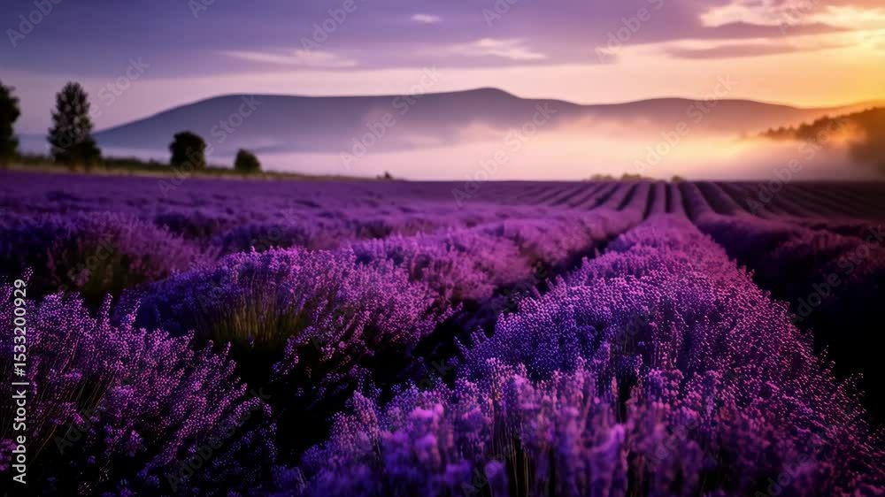 Vibrant lavender field under a pastel sky with mountains in the distance at peaceful dusk or dawn, showcasing countryside beauty Vibrant lavender field under a pastel sky with mountains in the distance at peaceful dusk or dawn, showcasing countryside beauty