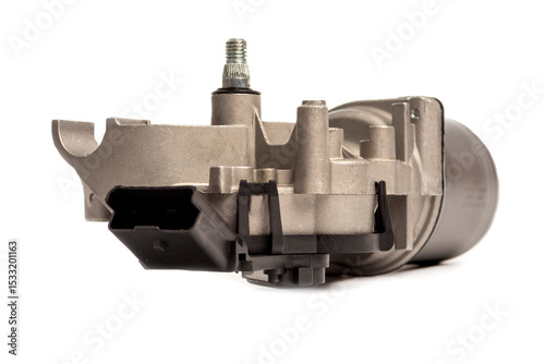 car spare part - electric motor with gearbox and splined rod, designed to drive the windshield wiper mechanism. Part on a neutral white background