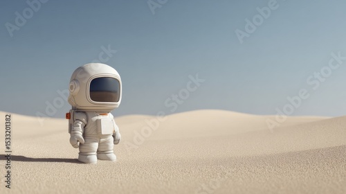 Tiny astronaut exploring desert landscape with clear skies, concept art