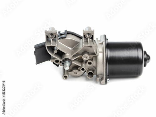 Auto parts for car repairs. An electric motor with a gearbox and a spline rod for the car wiper blade mechanism. A detail for a car on a white background.