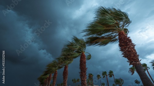 Palm trees swaying fiercely under dark stormy sky in strong winds