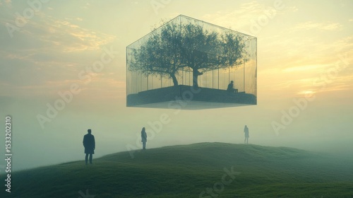 Floating glass cube dwelling, ethereal landscape