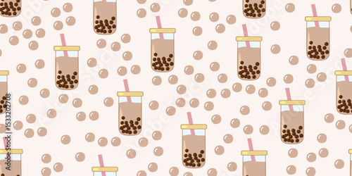 Seamless pattern with refreshing bubble tea and floating tapioca pearls on beige backdrop, vector