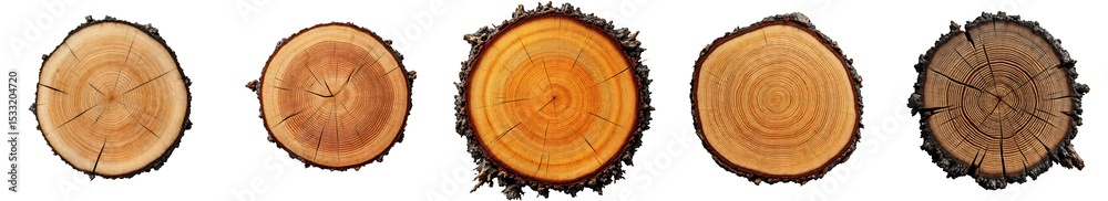 Fototapeta premium Collection of various cross section of a tree stump with visible growth rings isolated on transparent background