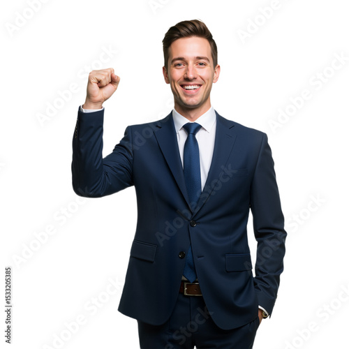 Motivated Professional in Navy Suit with Fist Raised, Smiling Against White Background